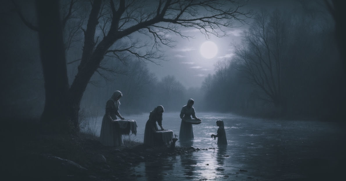 Sous une lune pleine, des lavandières presque fantomatiques travaillent dans une rivière.