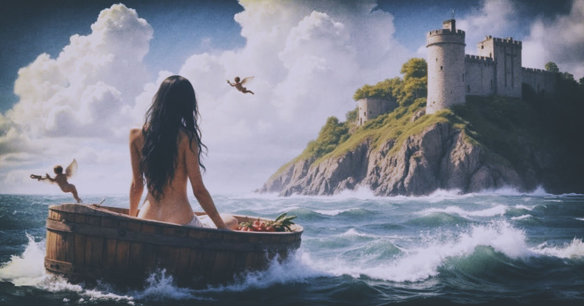 Une femme dans un baril flottant sur la mer au large d'une île surplombée d'une forteresse.