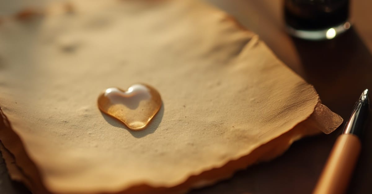 Une larme en forme de cœur bombé, sur une feuille de parchemin.
