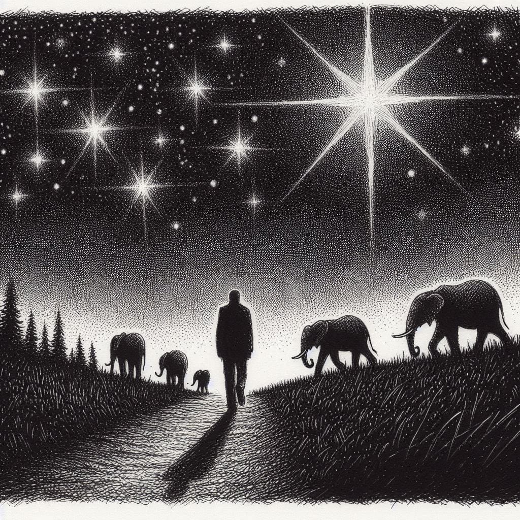 Une silhouette masculine de dos marche sur un chemin sous les étoiles. De part et d'autre des éléphants marchent dans le même sens.