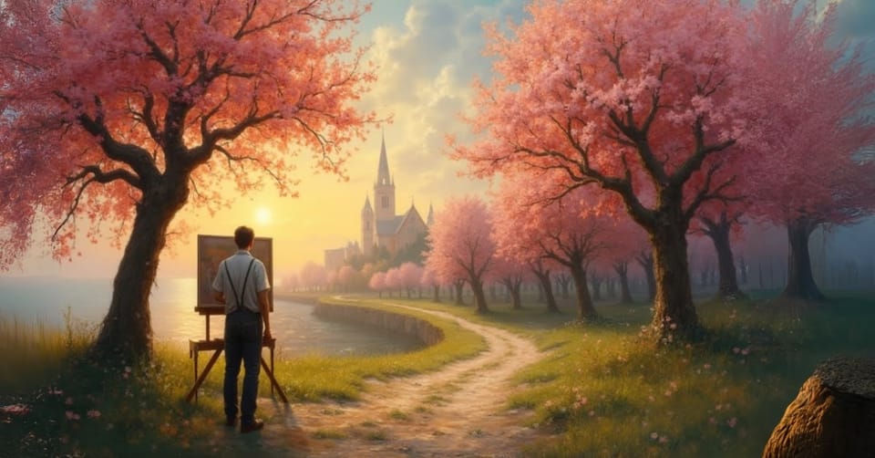 Peintre en train de travailler dans un paysage de cerisier. au loin d'un chemin de terre, une église et son clocher.