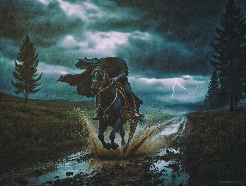 Un cavalier sans tête, sur un cheval aussi noir que ses propres vêtements, avance au galop sur un chemin boueux sous une pluie d'orage.