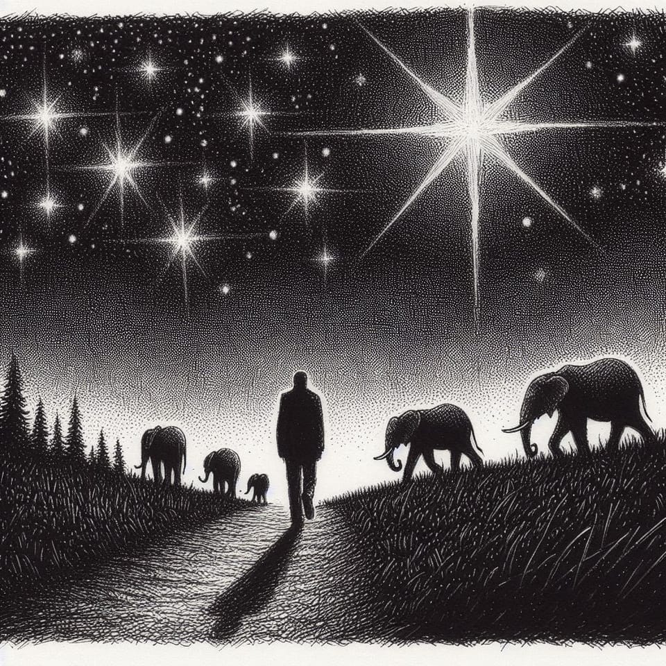 Une silhouette masculine de dos marche sur un chemin sous les étoiles. De part et d'autre des éléphants marchent dans le même sens.
