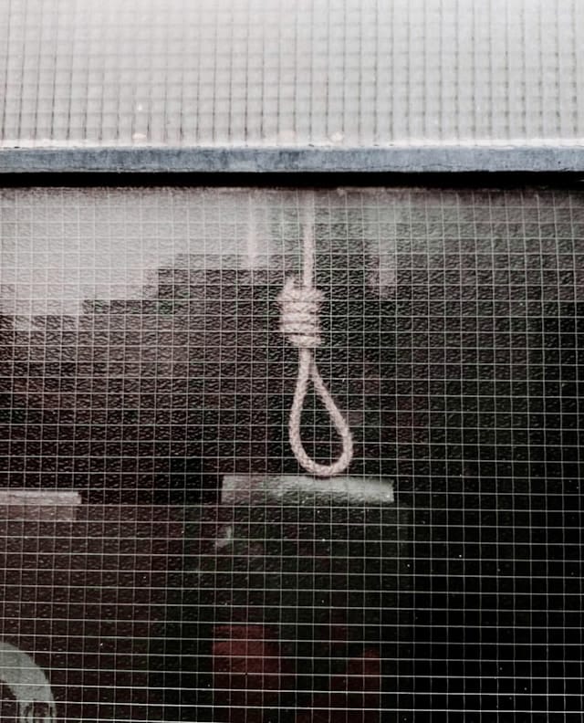 Une corde de pendu derrière une vitre grillagée.