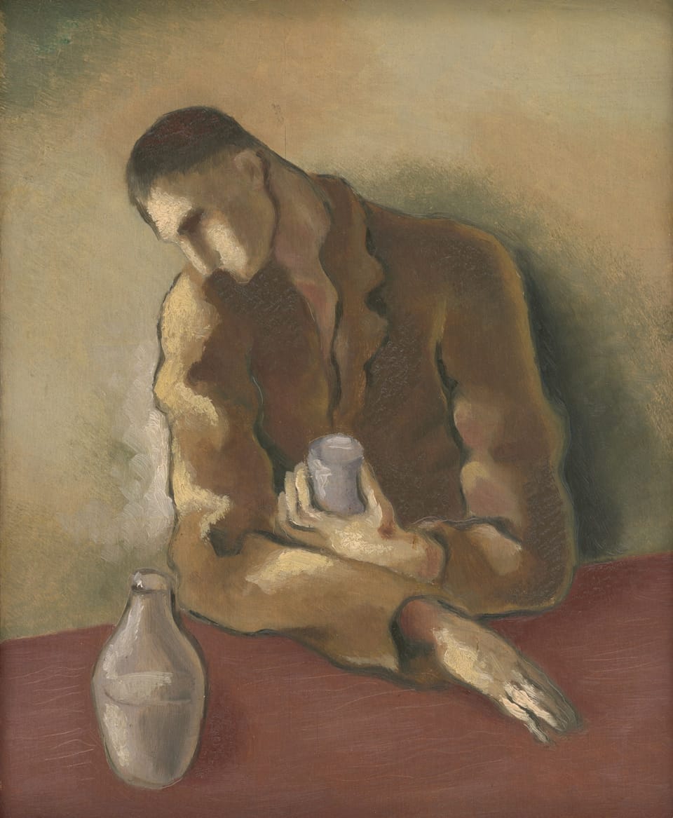 Une peinture d'un homme, verre à la main.