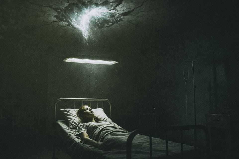 Une femme allongée sur son lit. Au-dessus d'elle s'ouvre une faille spatio-temporelle.